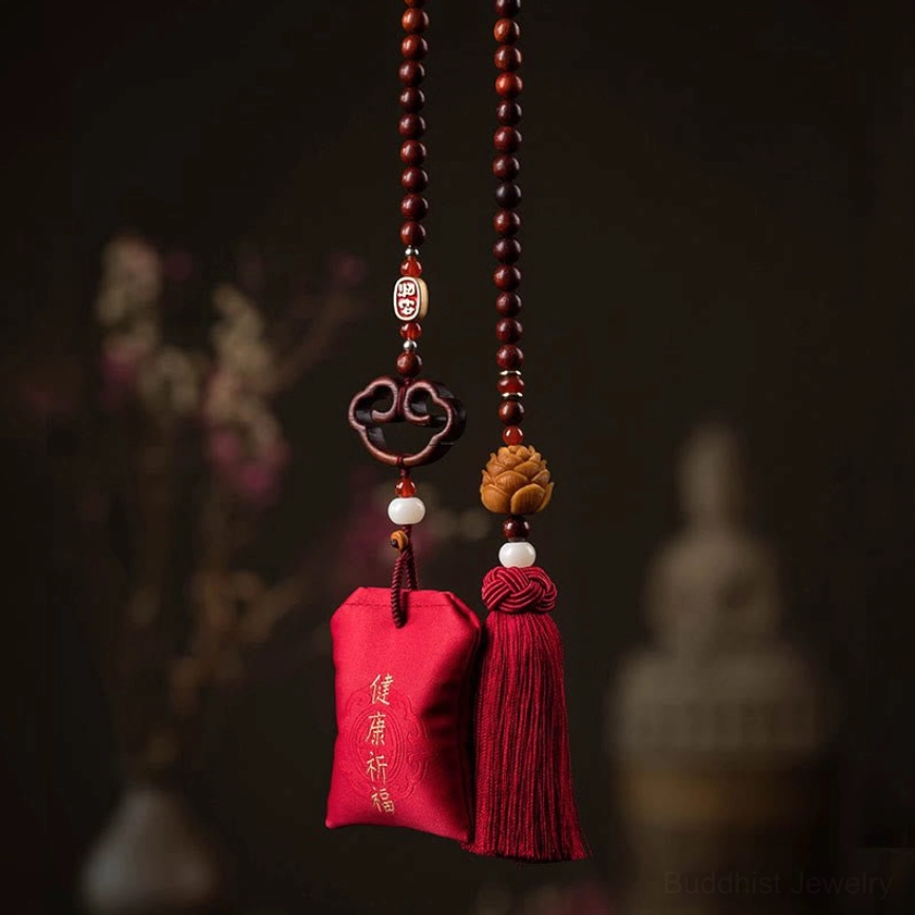 Health and blessings embroidered red sandalwood sachet with cinnabar, bodhi seeds, wooden lotus charm, and healing energy properties