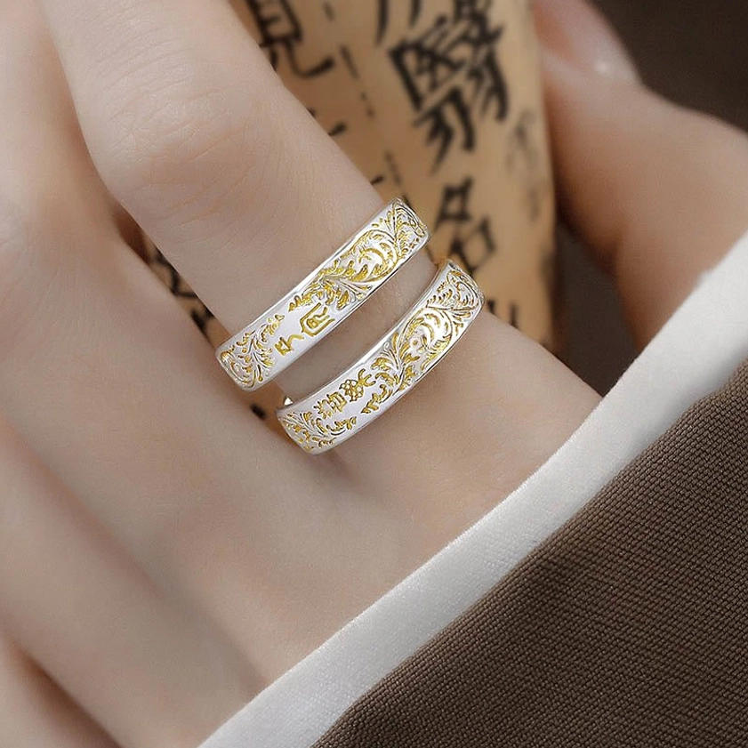 Adjustable peace and joy ring with intricate heart sutra carving and Tang dynasty flower pattern in natural copper