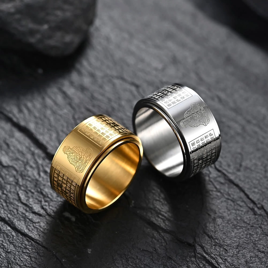 Heart sutra buddhist ring rotating mechanism showing spiritual design
