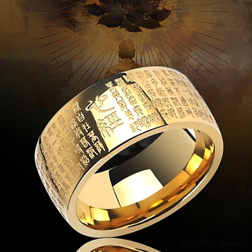 Gold Heart Sutra Buddhist ring polished finish with zen artistic background and Buddha silhouette
