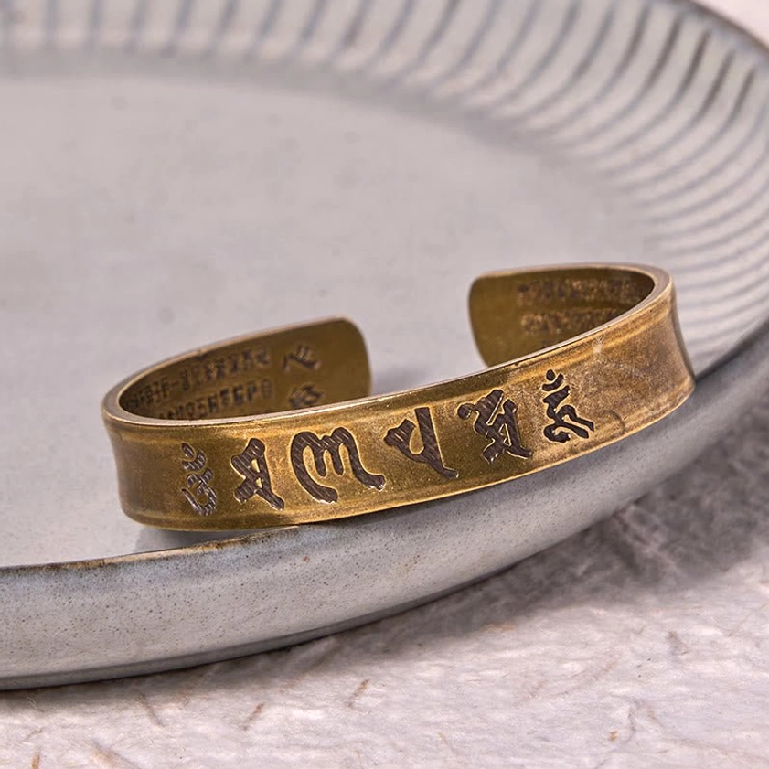 Sacred mantra open cuff bangle with Heart Sutra inscription inner band bronze tone finish