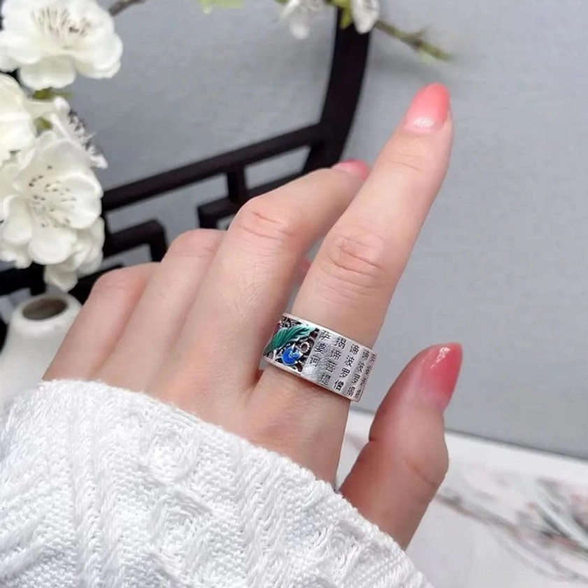 Heart Sutra koi fish lotus ring adjustable copper band featuring blue enamel accents and handcrafted authentic Buddhist jewelry artistry