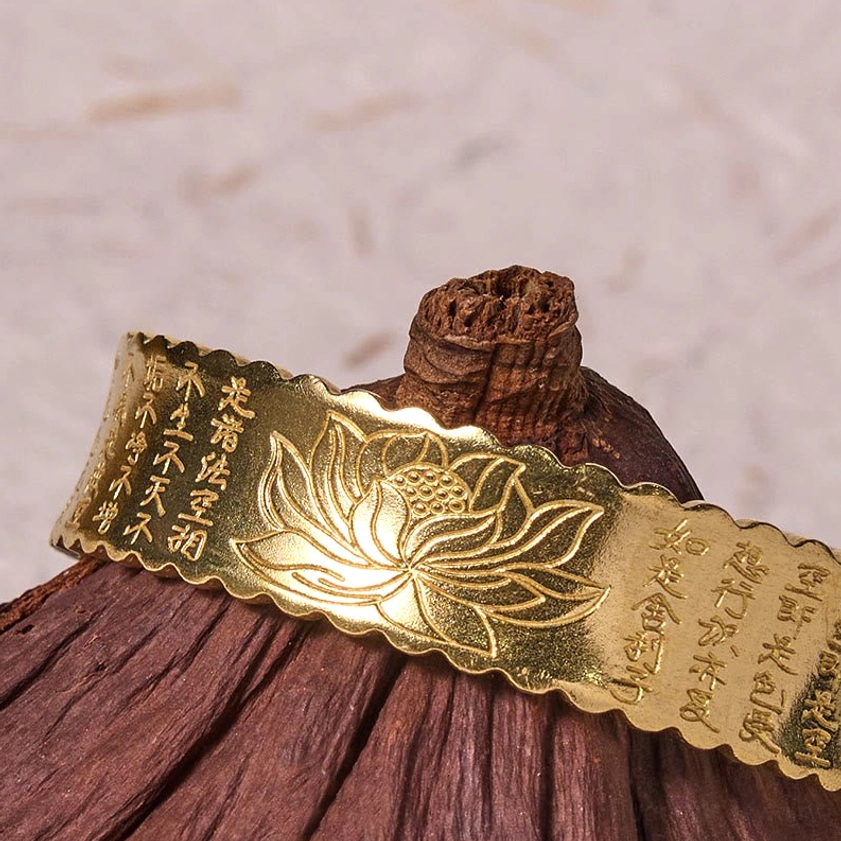 Heart Sutra lotus Buddhist cuff bracelet lifestyle wear showcasing how to wear engraved brass bangle with Heart Sutra inscription