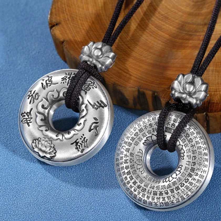 Matching Pair of Sterling Silver Buddhist Heart Sutra Peace Buckle Pendants with Lotus Cord Fasteners
