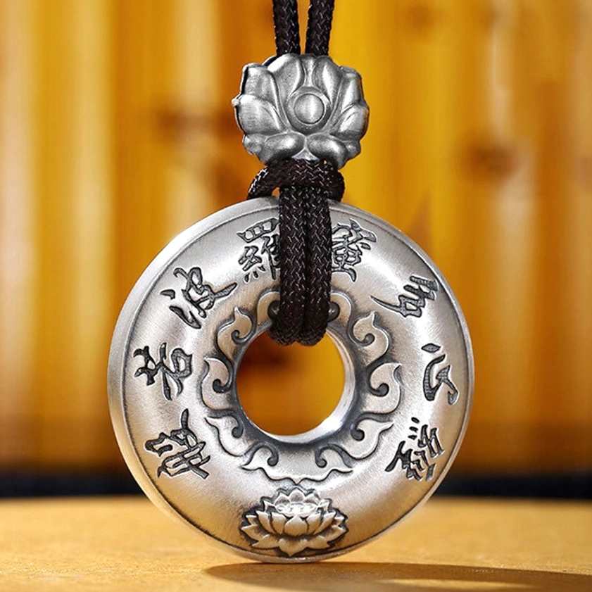 Sterling Silver Heart Sutra Buddhist Peace Buckle Pendant with Black Woven Cord and Lotus Cord Stopper