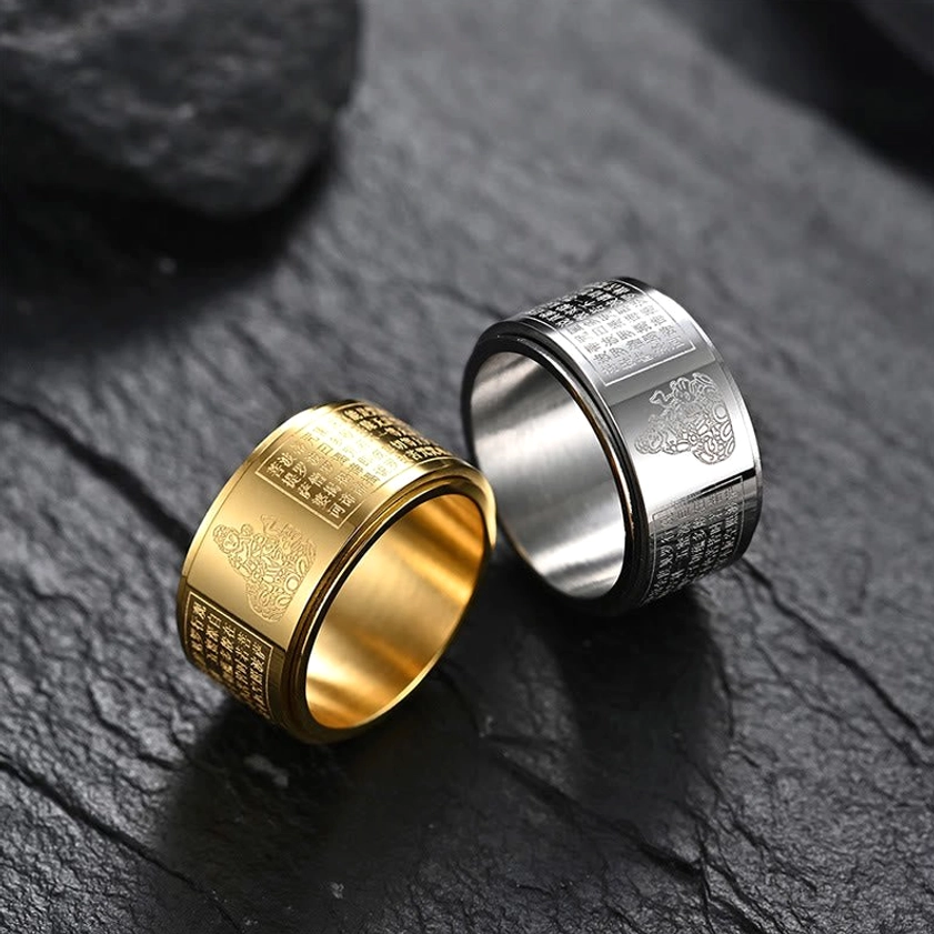 Heart sutra rotating ring fine craftsmanship showing sutra text