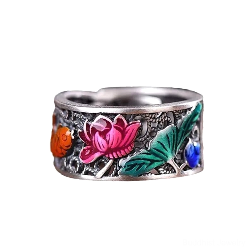 Adjustable copper Heart Sutra lotus koi fish Buddhist ring lifestyle wear showing daily meditation and spiritual practice compatibility