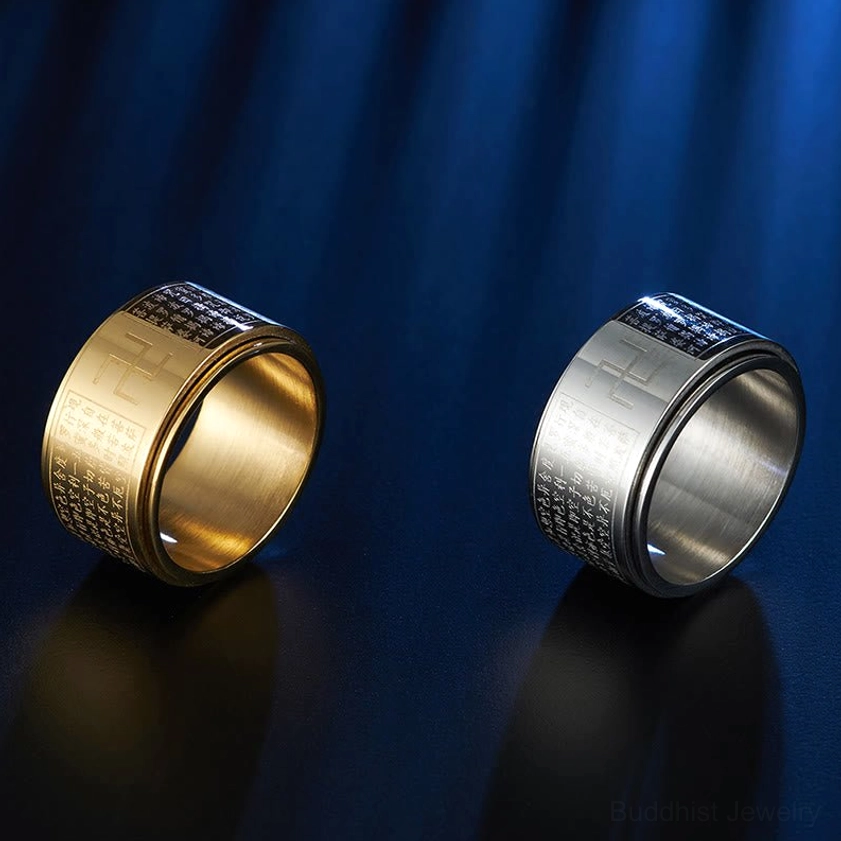 Side-by-side comparison of silver and gold Heart Sutra Buddhist rotatable rings displaying engraved sutra text and swastika symbol