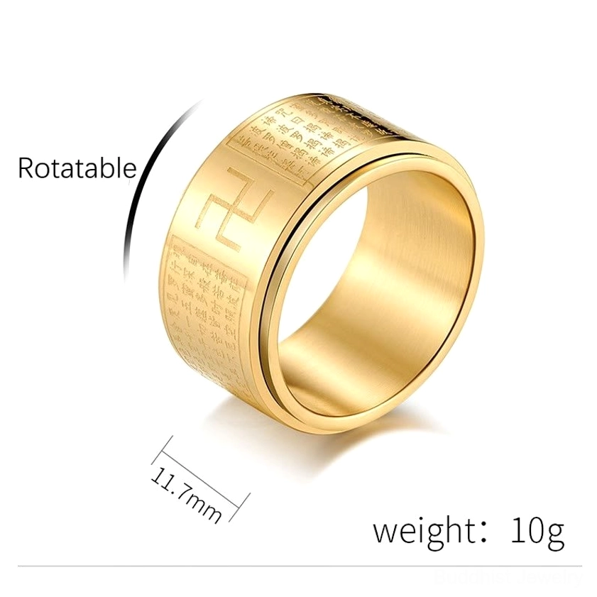 Annotated titanium steel Heart Sutra rotatable ring showing 11.7mm width and 10g weight specifications