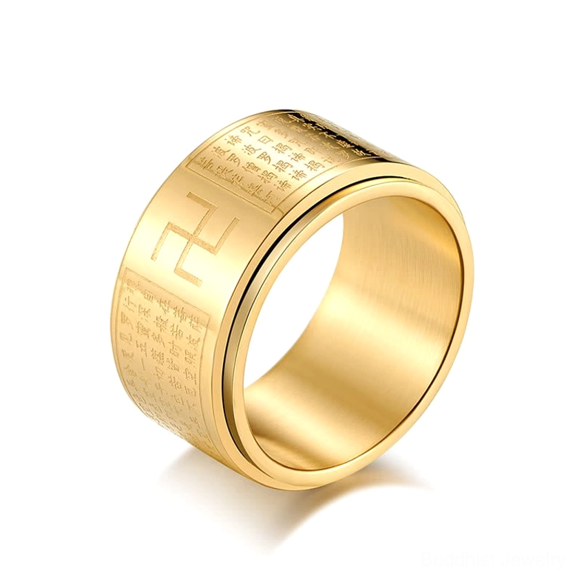 3/4 view of gold Buddhist mantra rotatable ring on white background displaying wide band with smooth inner surface