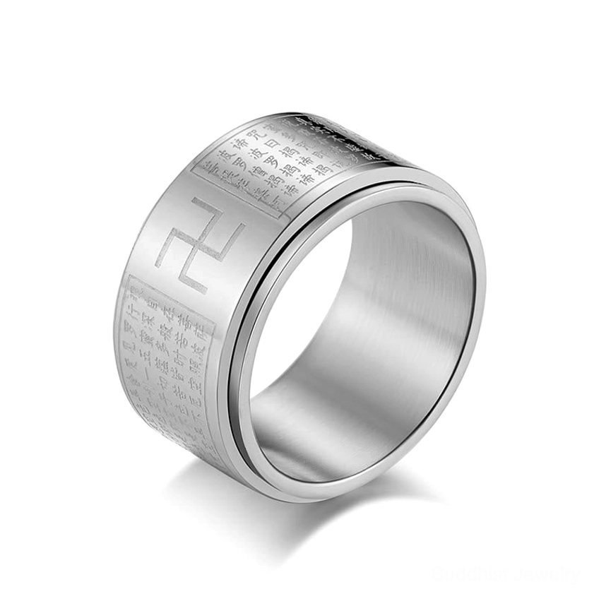 Heart Sutra Swastika titanium steel rotatable ring collection showing design details and craftsmanship