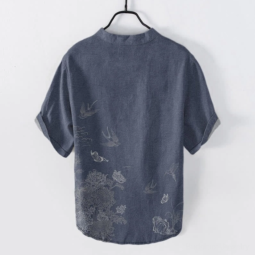 Navy blue henley shirt back view buddhist symbolic prints curved hem short sleeves