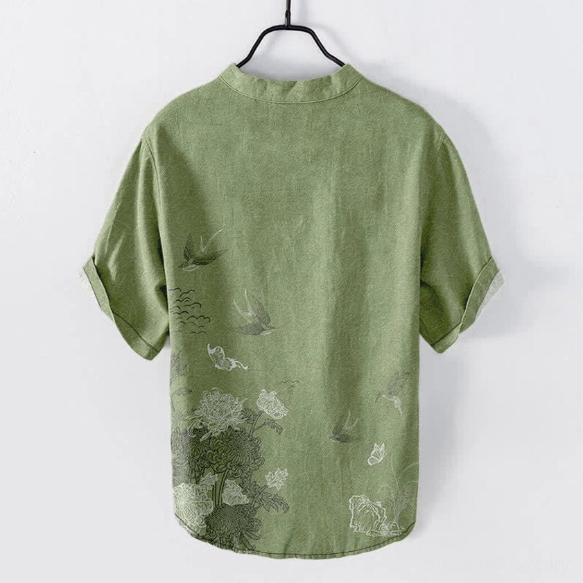 Henley shirt olive green back view matching printed patterns curved hemline