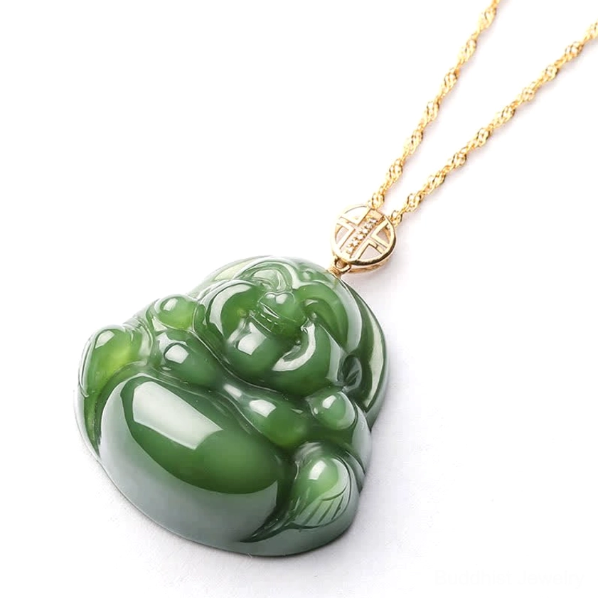 Hetian cyan jade laughing Buddha pendant necklace for spiritual success, healing, and inner harmony