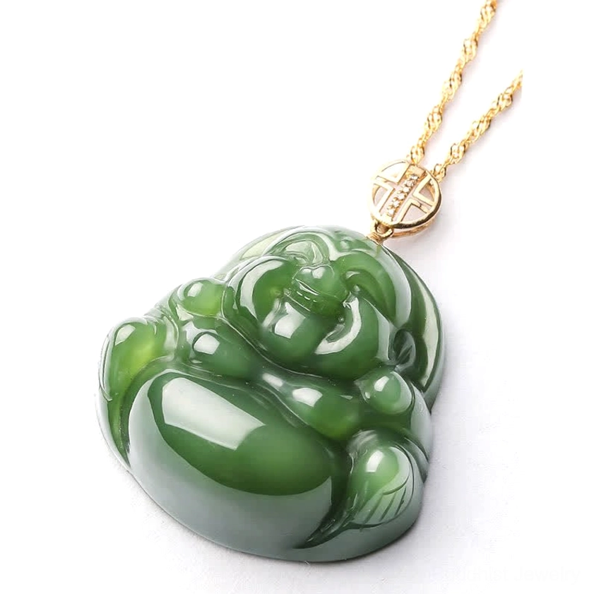 Hetian jade Buddha necklace flat lay on white background showing glossy green jade and gold-toned chain