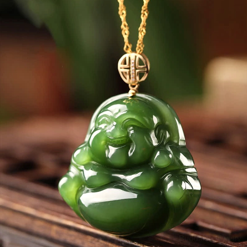 Hetian jade Buddha pendant necklace front three-quarter view with smooth jade surface and classic gold clasp