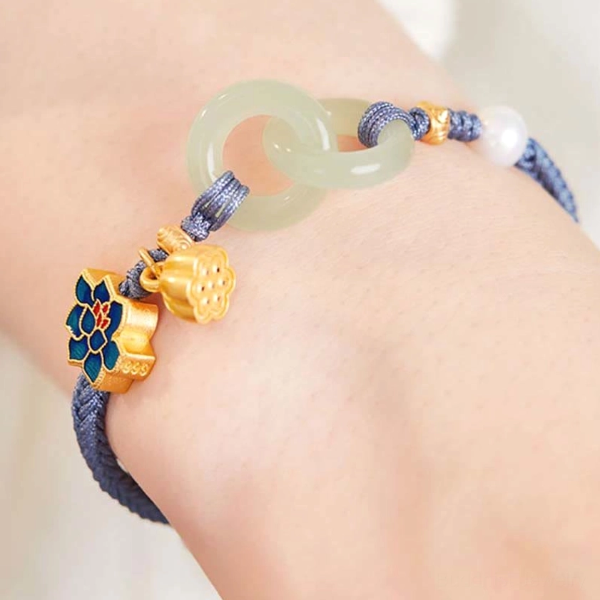 Hetian jade lotus bracelet with enamel flower charm and copper lotus decorations