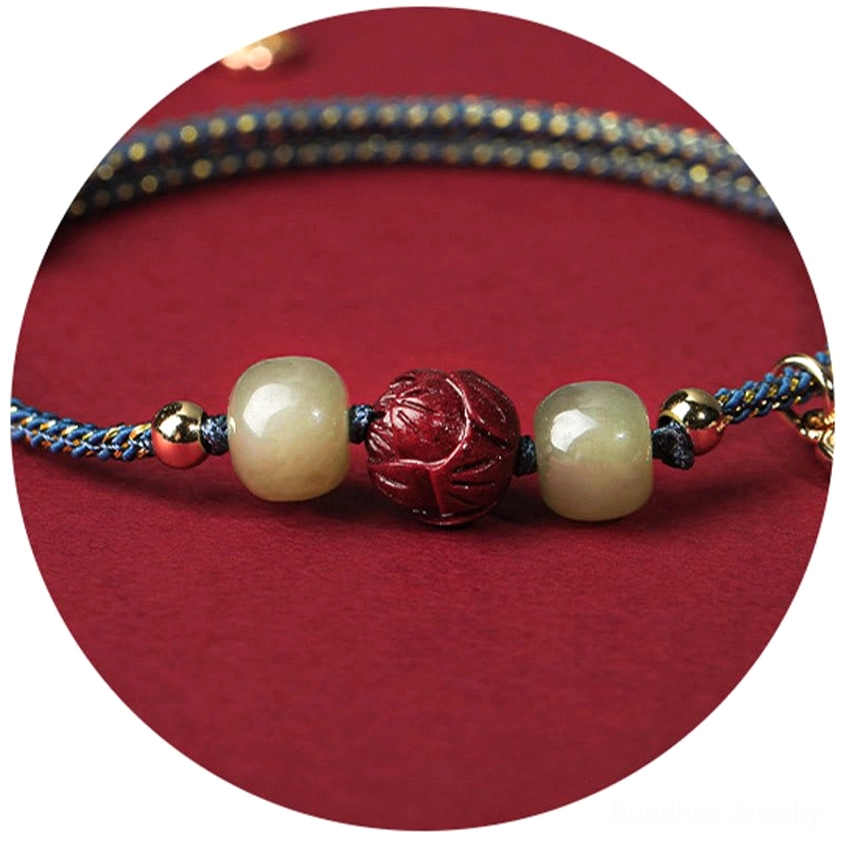 Hetian jade and cinnabar lotus Buddhist bracelet lifestyle wear with red braided string, spiritual wellness and daily protection accessory