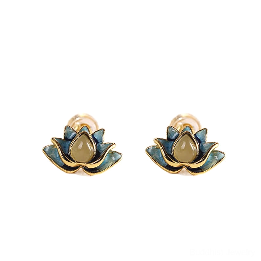 Pair of cyan jade lotus stud earrings front view symmetrical design with blue enamel and beige jade centers