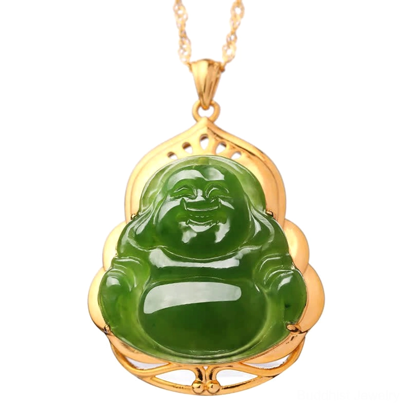 Natural Hetian cyan jade Buddhist pendant with Maitreya Buddha carving and decorative precious metal frame