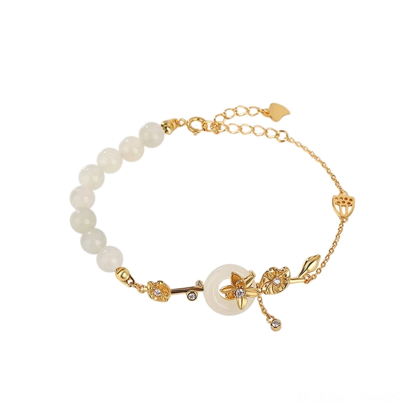 Gold Hetian jade peace buckle bracelet with circular buckle design and adjustable extendable chain overhead view