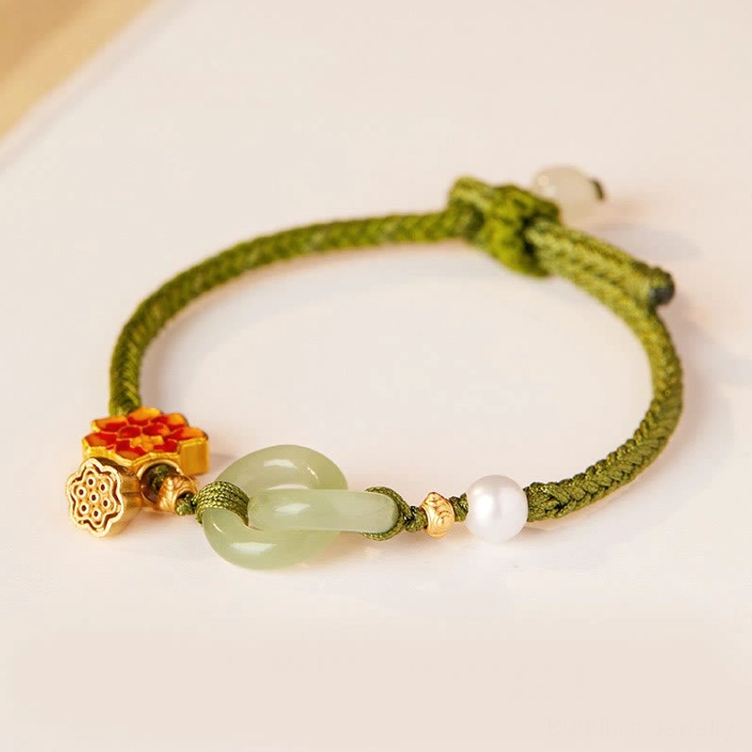 Buddhist fortune bracelet in olive green braided cord with jade peace buckle and lotus charms