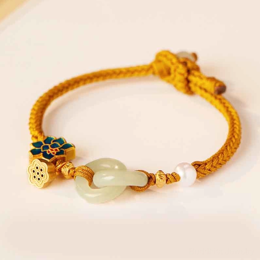 Hetian jade peace buckle lotus bracelet in yellow braided cord variant