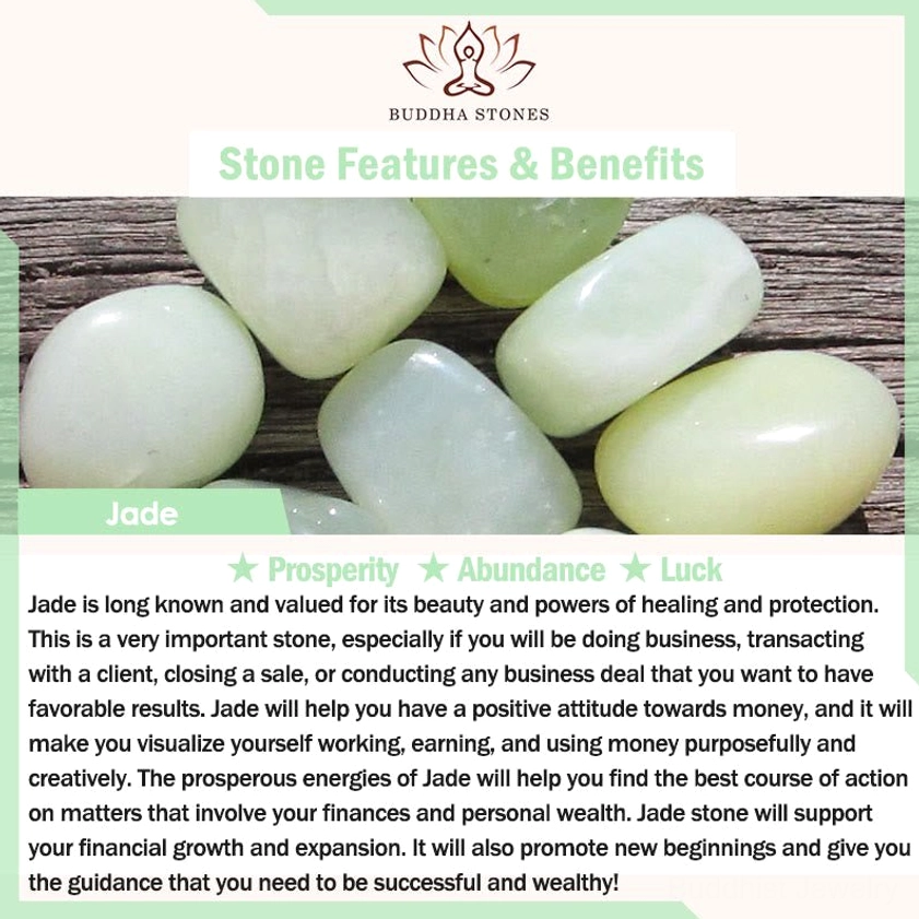 Jade prosperity stone flat lay showing light green hetian jade pieces with spiritual abundance and wealth benefits text