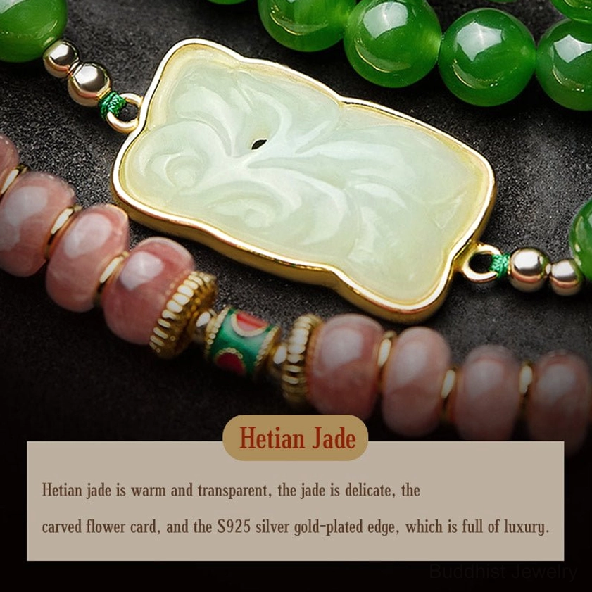 Hetian jade Ruyi wish lock carving on Buddhist prayer mala bracelet