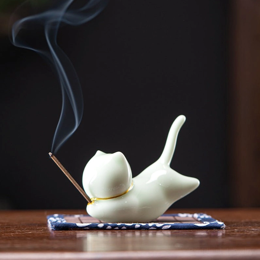 Honeydew green cat incense holder handcrafted ceramic, gentle color with gold accent, perfect for yoga studio and meditation room