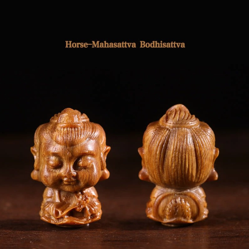 Horse's patron Mahasattva Bodhisattva Buddha hand-carved sandalwood statue with detailed facial carving and lotus base