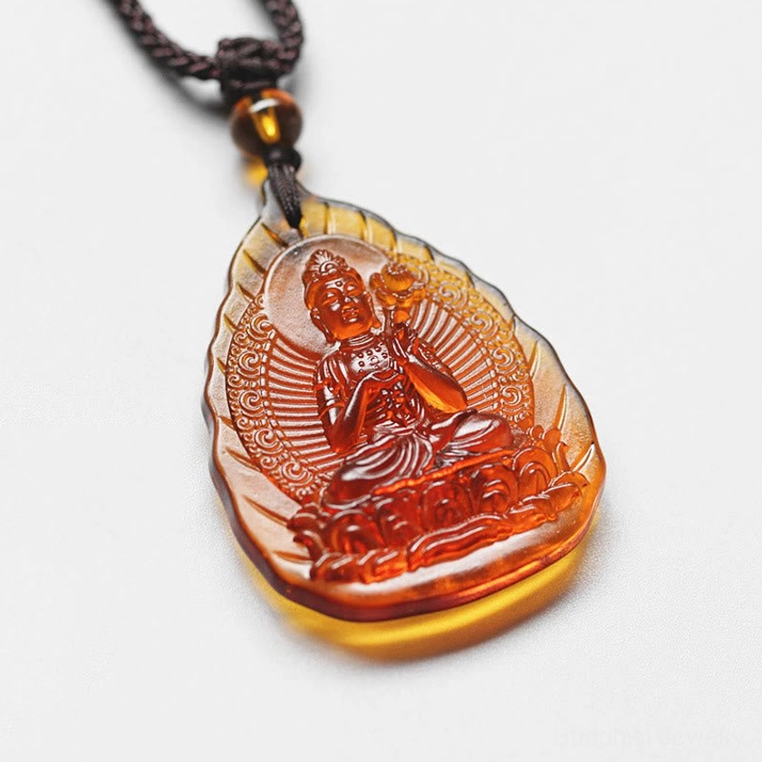 Horse Mahasattva Bodhisattva Liuli crystal zodiac natal Buddha leaf pendant with lotus relief carving