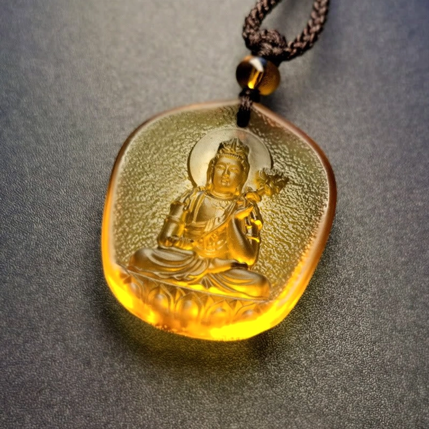 Horse Zodiac Mahasattva Bodhisattva Liuli Crystal Pendant - Seated Buddha with Lotus Flower Emboss