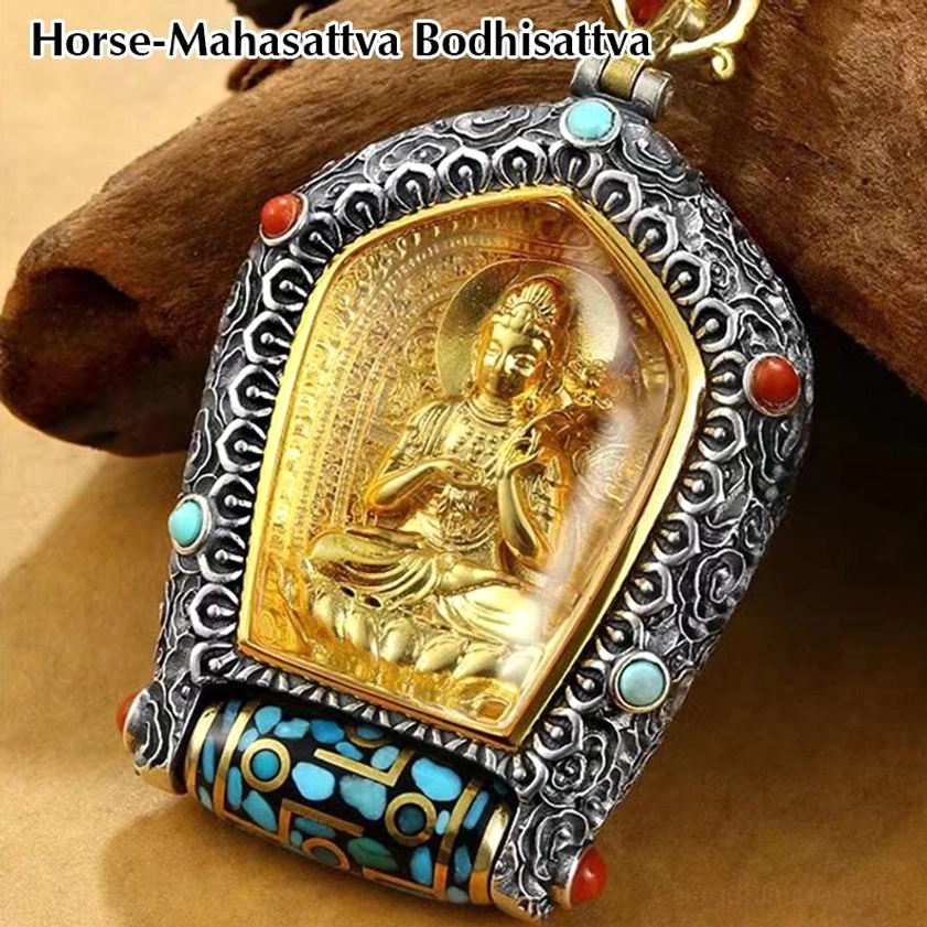 Horse Mahasattva Bodhisattva Natal Buddha pendant with aged silver frame, gold-plated Buddha statue, and colored gemstone accents