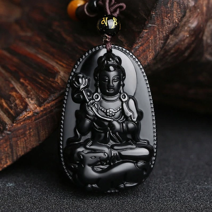 Horse zodiac Mahasattva Bodhisattva black obsidian guardian Buddha pendant necklace