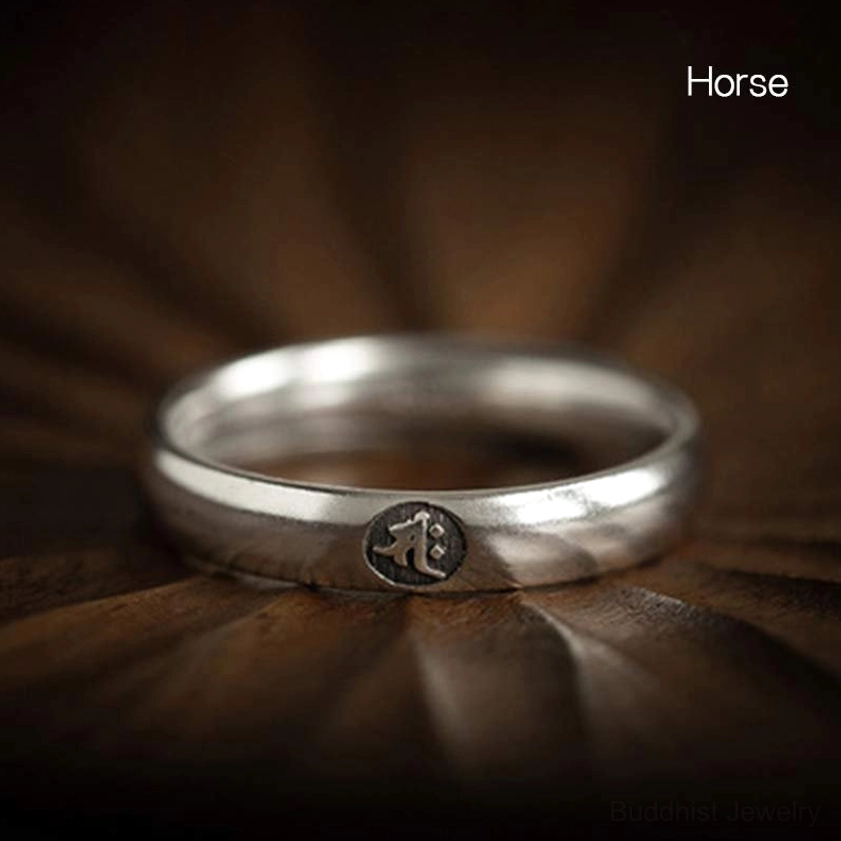 Horse zodiac natal buddha 925 sterling silver couple ring with vibrant embossed design