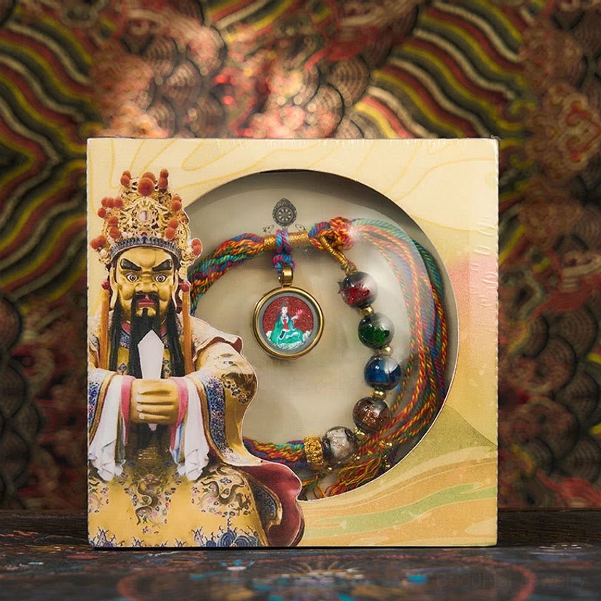Horse zodiac Mahasattva Bodhisattva natal Buddha bracelet showing vibrant multicolor silk rope, glass beads, and guardian Buddha pendant