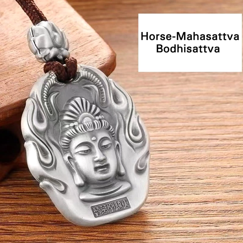 Horse zodiac natal Buddha pendant - Mahasattva Bodhisattva, matte silver pendant necklace for compassion and vitality