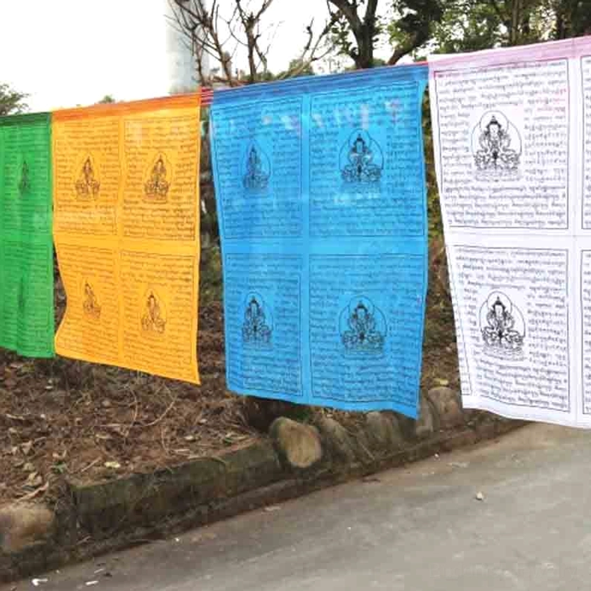 Buddhist prayer flags strung outdoors displaying all five traditional sacred colors with Buddha and Buddhist script prints clearly showing Windhorse Lungta design