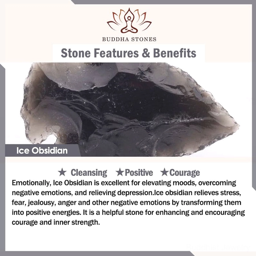 Ice obsidian product information graphic showing raw obsidian sample with cleansing and positive energy benefits