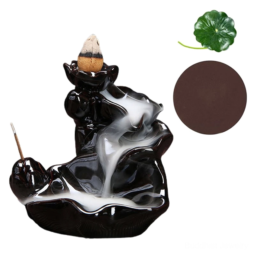Backflow incense holder with lotus leaf and protective coaster accessories, complete package view