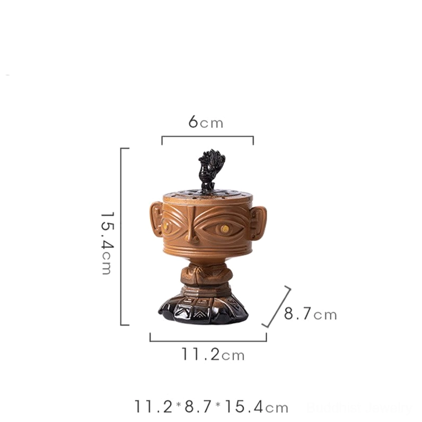 Buddhist incense burner dimension specifications and measurements, white background technical view 11.2x8.7x15.4cm