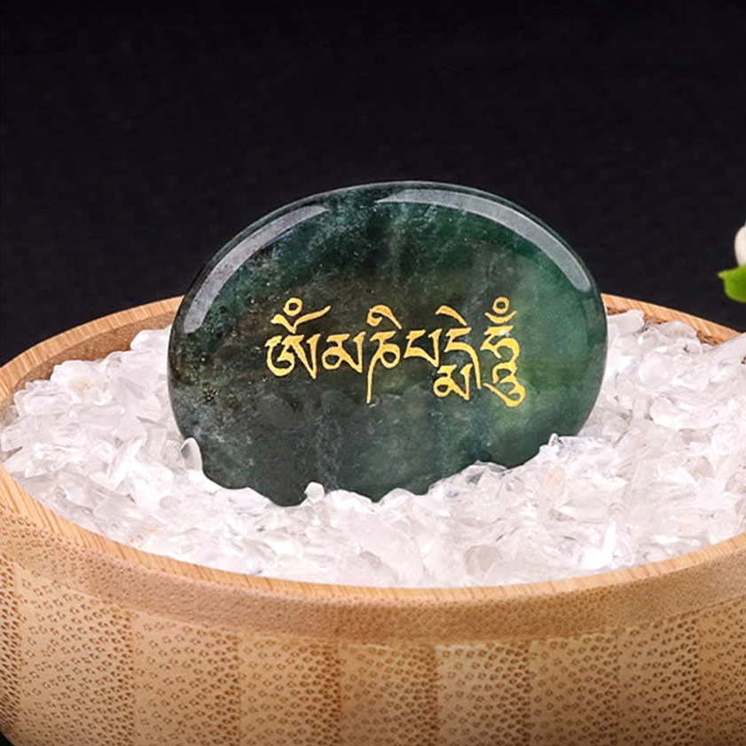 Om Mani Padme Hum indian agate palm stone with golden Sanskrit engraving