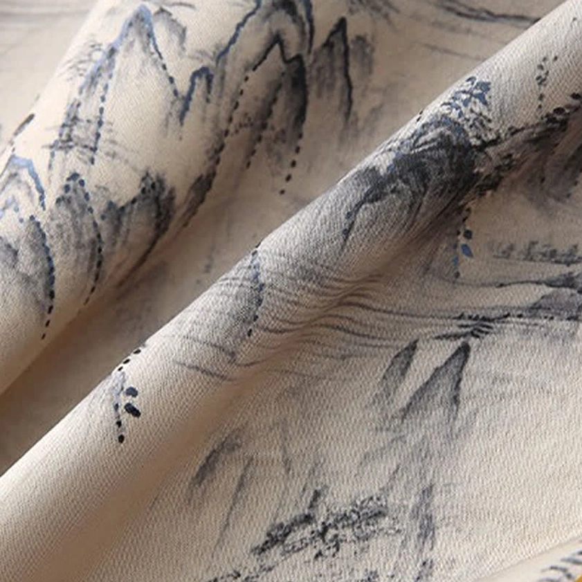 Fine Ink Mountain Pattern Fabric Texture - Zen Meditation Shirt Premium Material Close-up