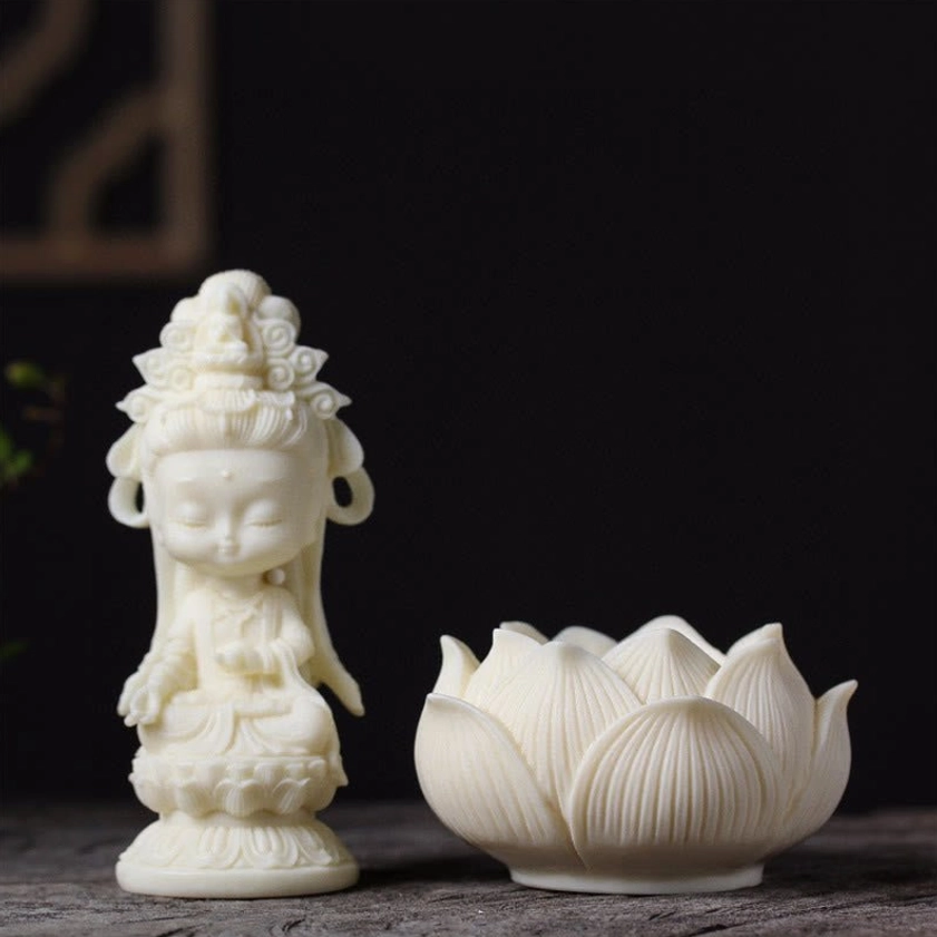 Detachable two-piece Avalokitesvara Buddha statue design showing separated figure and lotus pedestal with intricate carved details