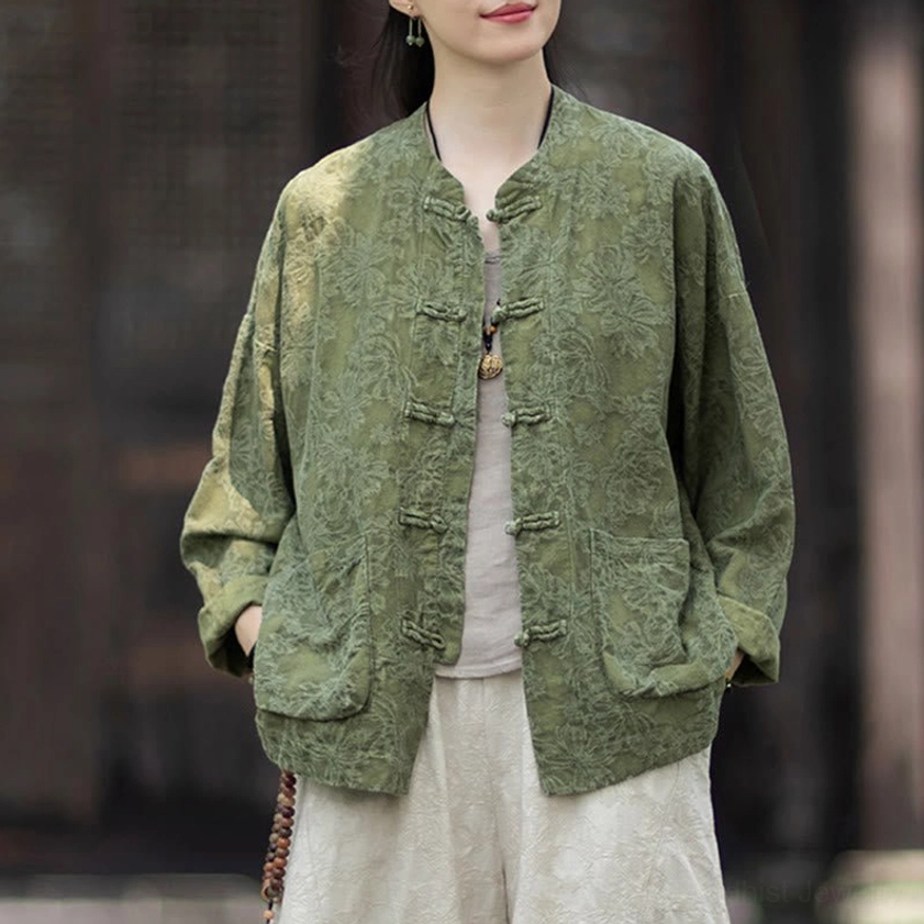 Women wearing jacquard meditation shirt with hands in pockets, showing beige inner top and relaxed fit