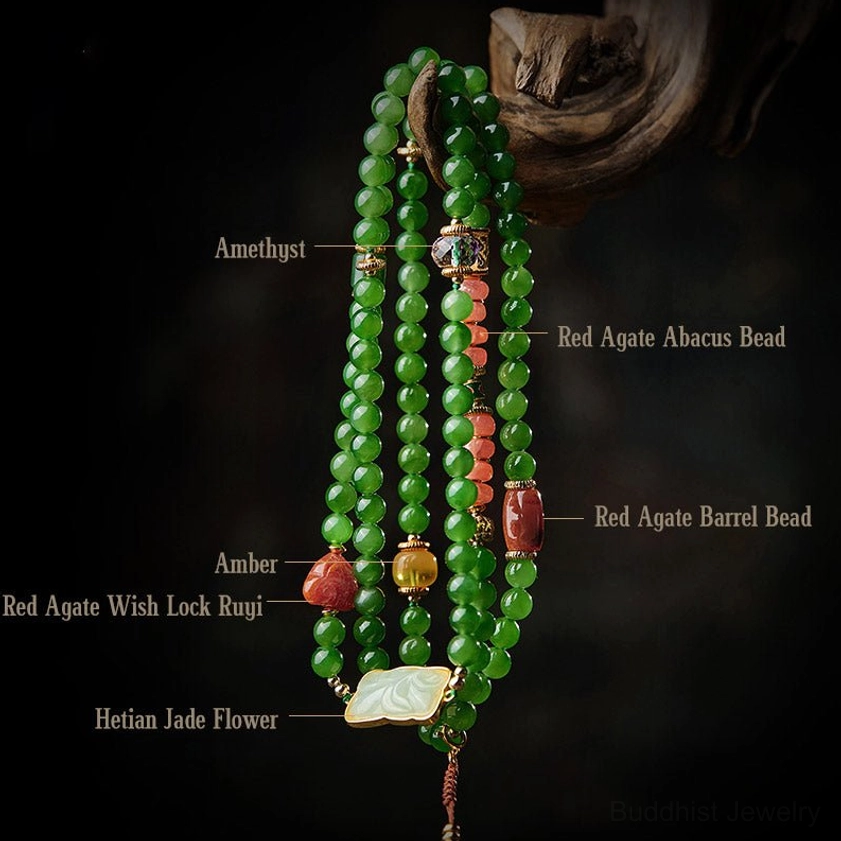 108 bead cyan jade and red agate mala bracelet necklace complete lay-flat view