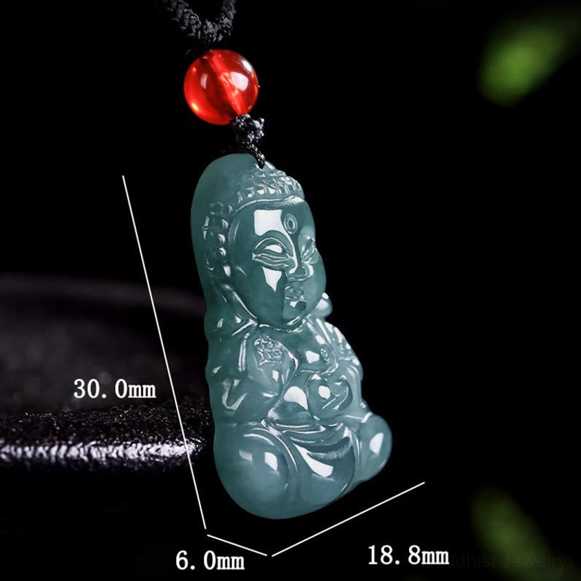 Side view of jade Baby Buddha pendant with size measurements 30mm x 18.8mm x 6mm labeled