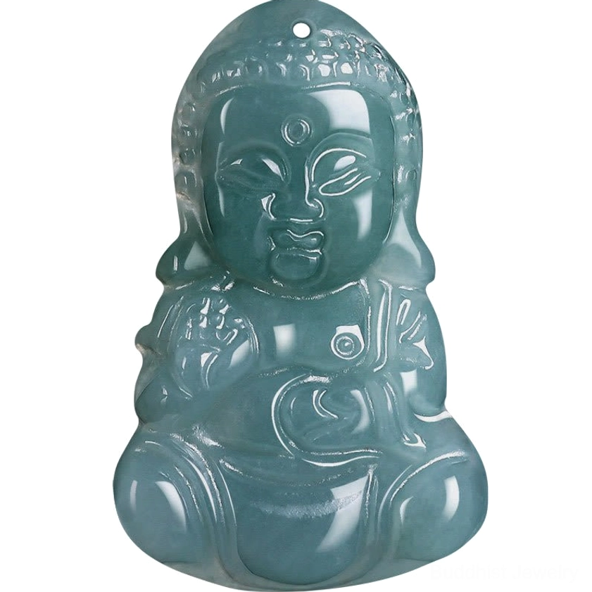 Single jade Baby Buddha pendant front view with polished smooth finish and hanging hole on white background