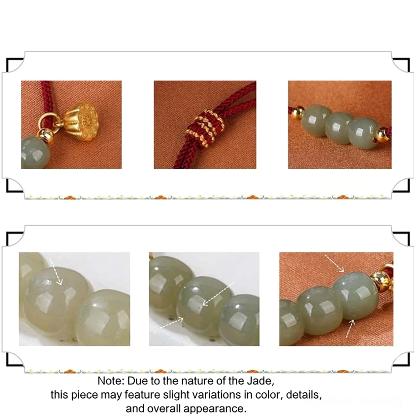 Product detail montage with cropped shots of jade bracelet components including sliding knot adjustment feature, jade bead texture, lotus pod charm, and natural color variations